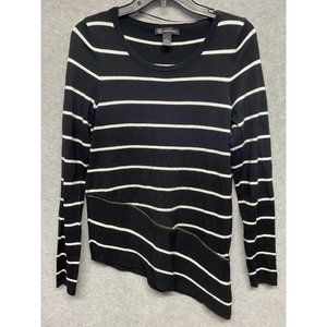 INC Womens Tunic Sweater Round Neck Black & White Stripe Asymetrical Hem Size M